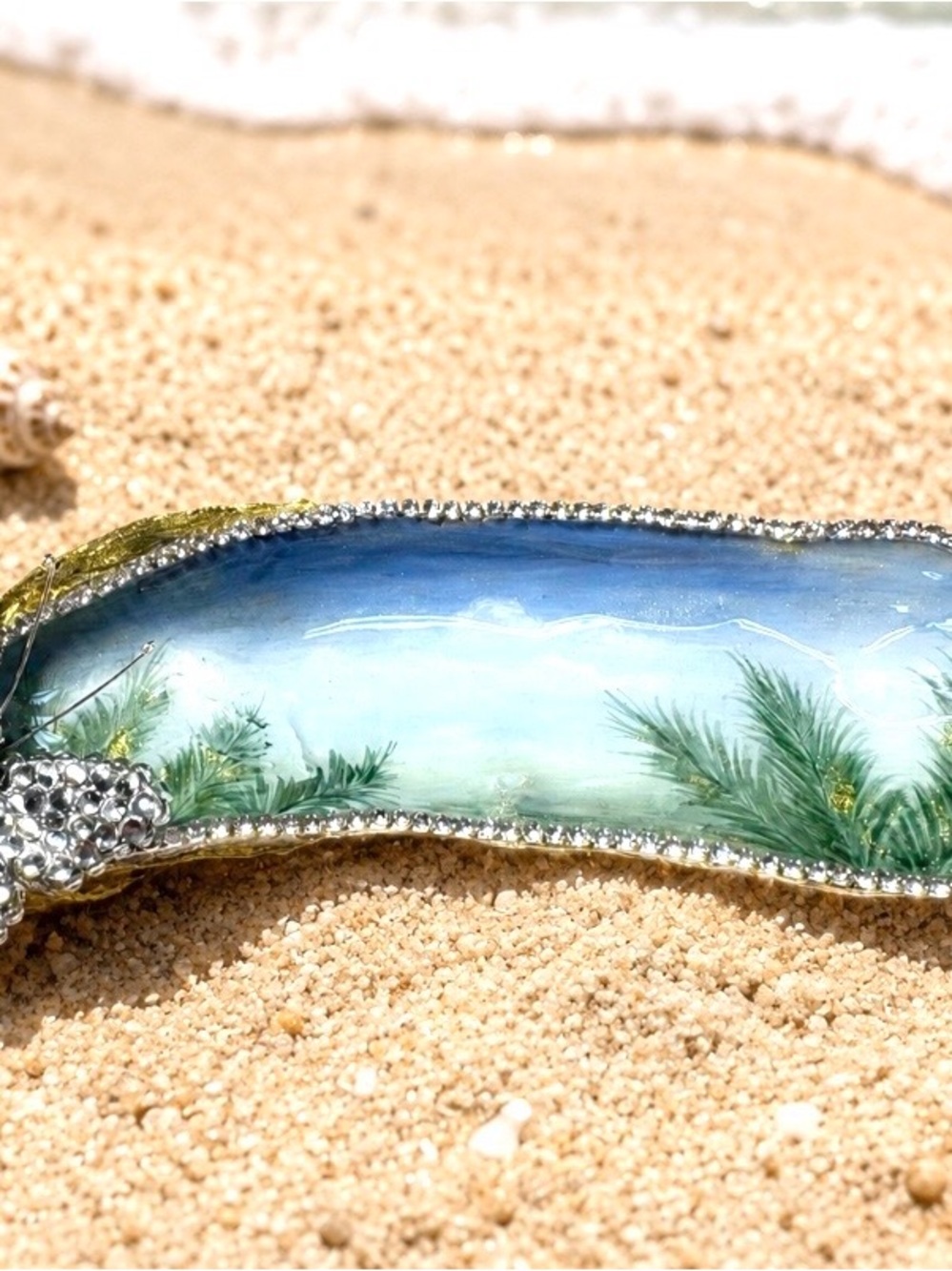 Crystal Embellished Oyster Shell Ring Dish, hand-painted